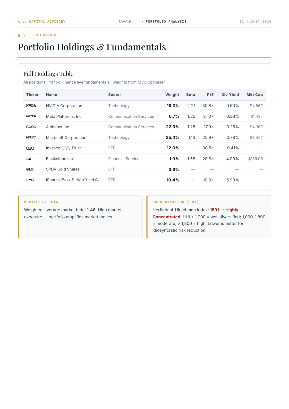 Sample report page showing full holdings table and concentration index